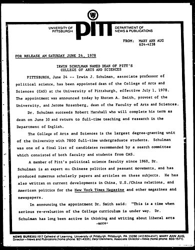 Irwin Schulman Named Dean Of Pitt's College Of Arts And Sciences