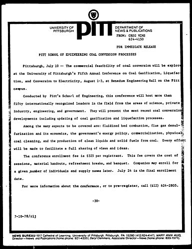 Pitt School Of Engineering Coal Conversion Processes