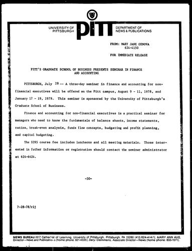 Pitt's Graduate School Of Business Presents Seminar In Finance And Accounting