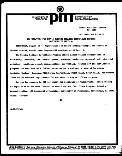 REgistration For Pitt's Evening College Certificate Program Continues To Sept. 6