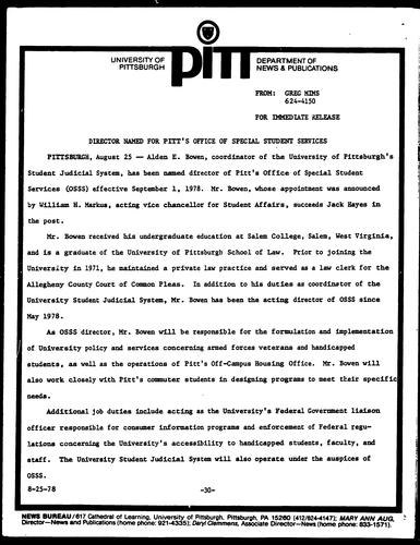 Director Named For Pitt's Office Of Special Student Services