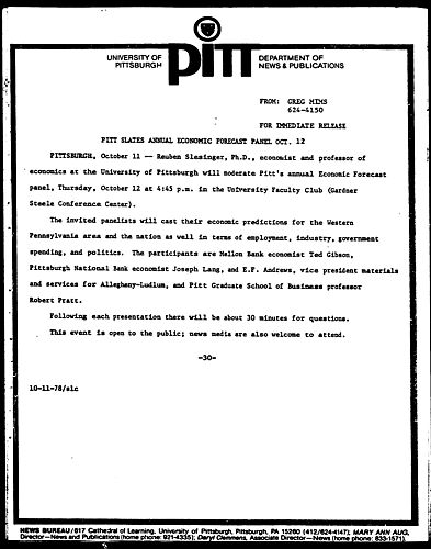 Pitt Slates Annual Economic Forecast Panel Oct. 12