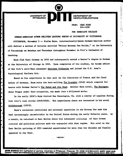 German-American Author Delivers Lecture Series At University Of Pittsburgh