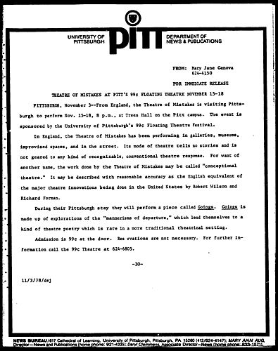 Theatre Of Mistakes At Pitt's 99 Cent Floating Theatre November 15-18