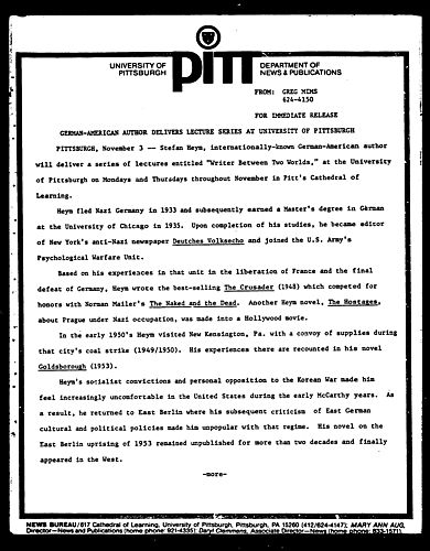 German-American Author Delivers Lecture Series At University Of Pittsburgh