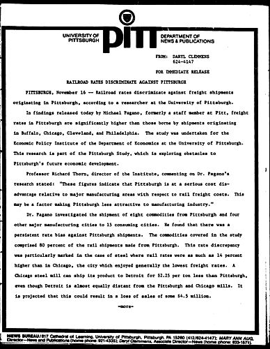 Railroad Rates Discriminate Against Pittsburgh