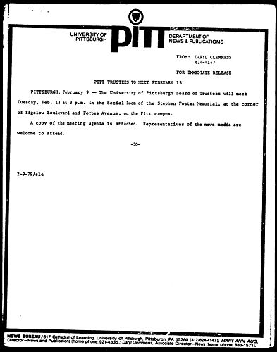 Pitt Trustees To Meet February 13