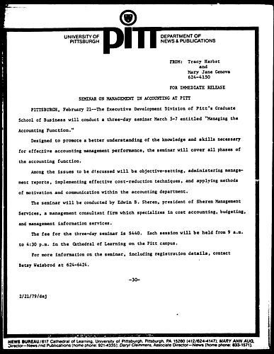 Seminar On Management In Accounting At Pitt