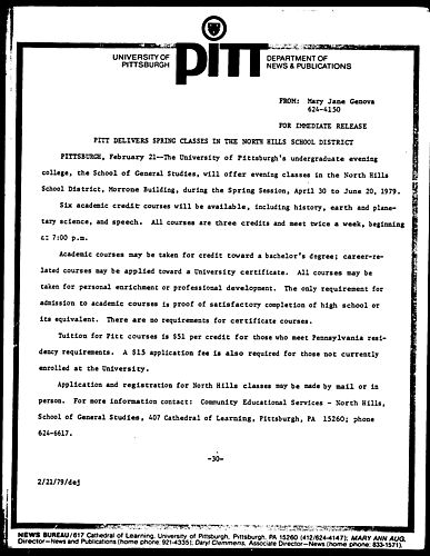 Pitt Delivers Spring Classes In The North Hills School District