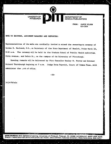 [Pitt To Host MacLeod Swearing-In Ceremony]