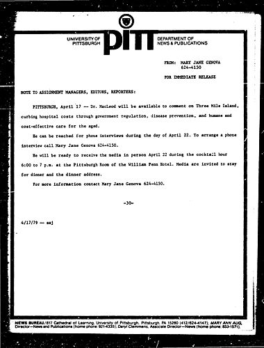 Secretary Of Health MacLeod To Speak About Three Mile Island At Pitt's Graduate School Of Public Health Banquet April 22