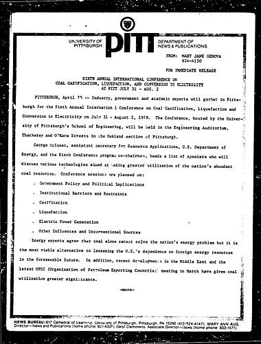 Sixth Annual International Conference On Coal Gasification, Liquefaction, And Conversion To Electricity At Pitt July 31 - Aug. 2