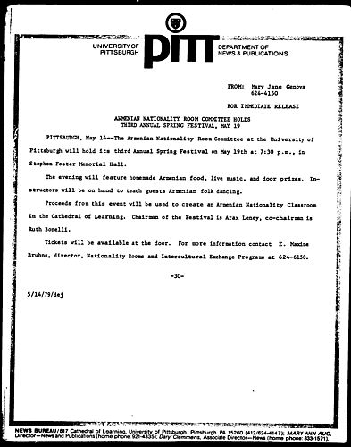 Armenian Nationality Room Committee Holds Third Annual Spring Festival, May 19