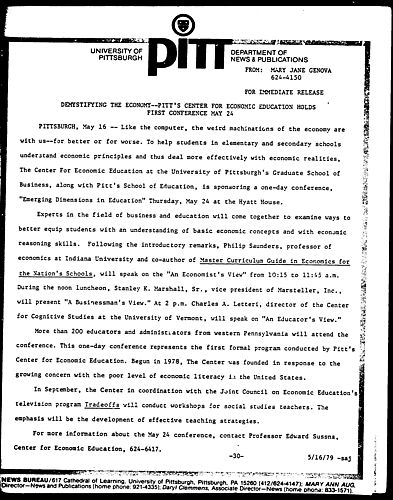 Demystifying The Economy--Pitt's Center For Economic Education Holds First Conference May 24