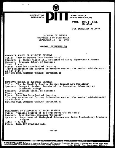 Calendar Of Events University Of Pittsburgh September 10-23, 1979