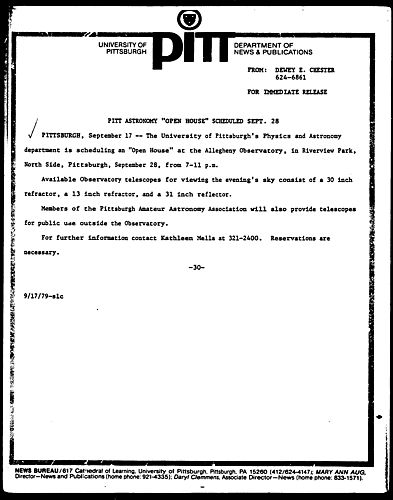 Pitt Astronomy "Open House" Scheduled Sept. 28