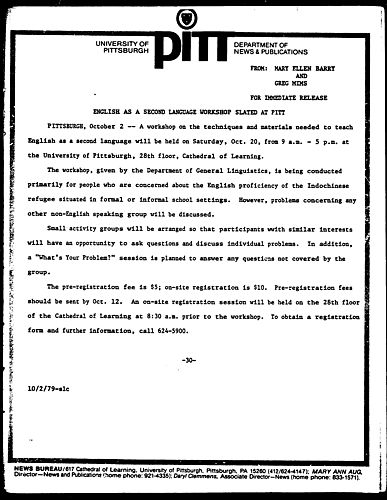 English As A Second Language Workshop Slated At Pitt