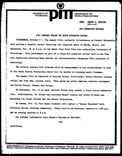 Pitt Concert Series To Honor Professor Bartha