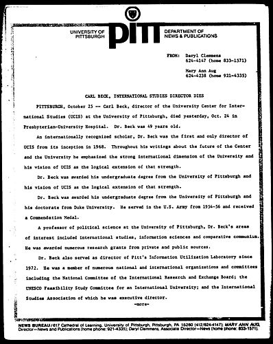 Carl Beck, International Studies Director Dies