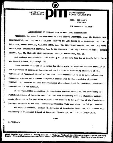 [Pitt To Hold Medical Seminars]