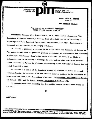"The Comparison Of Physical Theories" Topic Of Pitt Lecture March 18