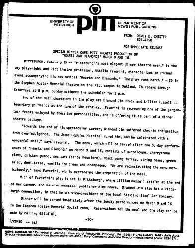 Special Dinner Caps Pitt Theatre Production Of "Hearts And Diamonds" March 9 And 16