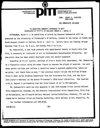 "A Sensitive Woman's Approach To Art" Displayed At Pitt's UP Gallery March 6 - April 6