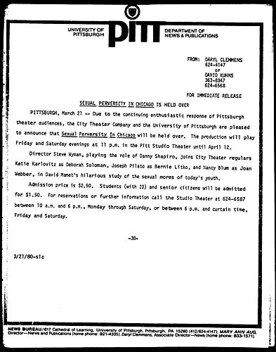 Sexual Perversity In Chicago Is Held Over