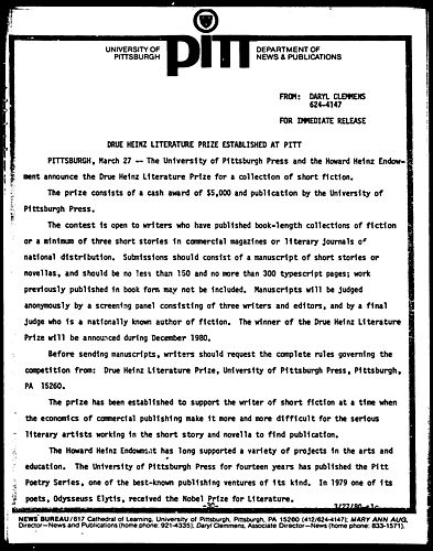 Drue Heinz Literature Prize Established At Pitt