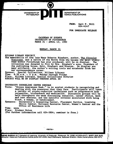 Calendar Of Events University Of Pittsburgh March 31 - April 13, 1980