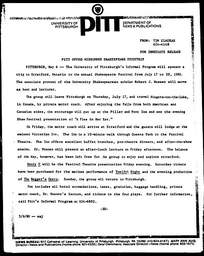 Pitt Offers Midsummer Shakespeare Studytrip