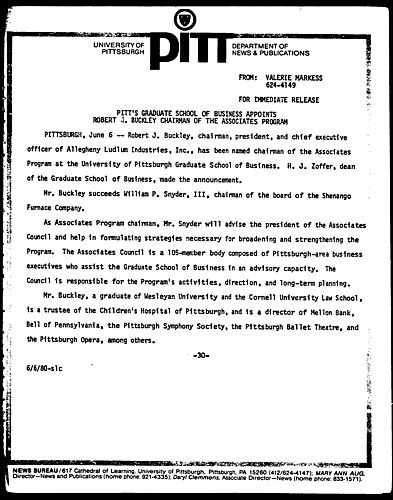 Pitt's Graduate School Of Business Appoints Robert J. Buckley Chairman Of The Associates Program