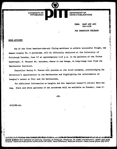 [Langley Aerodrome To Be Dedicated At Pitt]