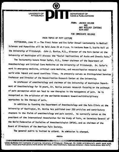 Pain Topic Of Pitt Lecture