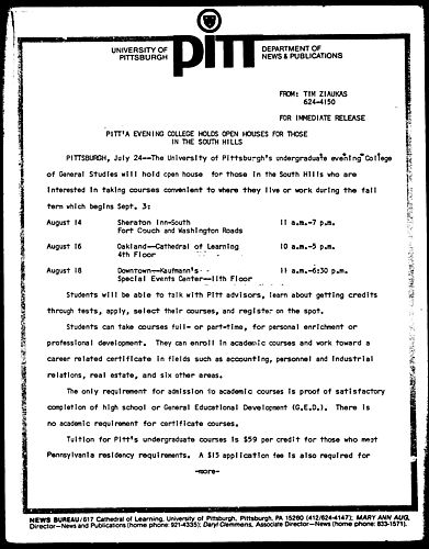 Pitt's Eveing College Holds Open Houses For Those In The South Hills