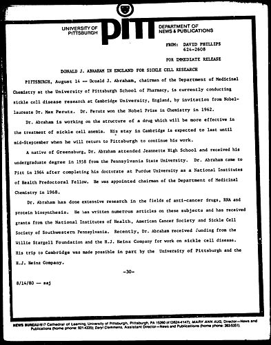 Donald J. Abraham In England For Sickle Cell Research