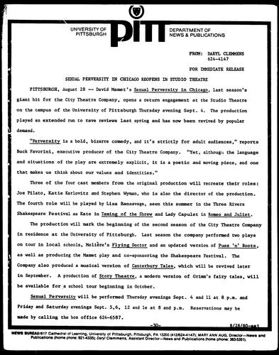 Sexual Perversity In Chicago Reopens In Studio Theatre