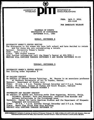 Calendar Of Events University Of Pittsburgh September 8-21, 1980