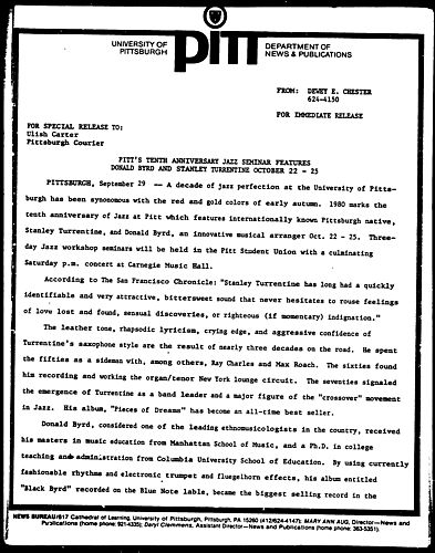 Pitt's Tenth Anniversary Jazz Seminar Features Donald Byrd And Stanley Turrentine October 22-25