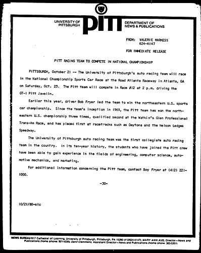 Pitt Racing Team To Compete In National Championship