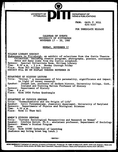 Calendar Of Events University Of PIttsburgh November 17-30