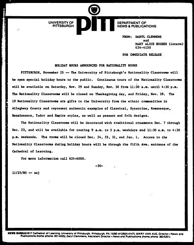 Holiday Hours Announced For Nationality Rooms