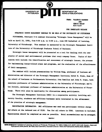 Strategic Issue Management Seminar To Be Held At The University Of Pittsburgh