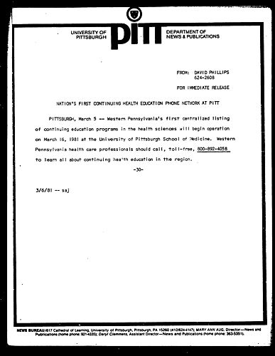 Nation's First Continuing Health Education Phone Network At Pitt