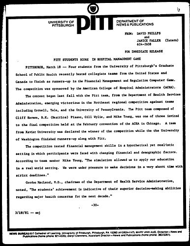 Pitt Students Score In Hospital Management Game