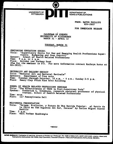 Calendar Of Events University Of Pittsburgh March 31 - April 12