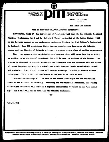 Pitt To Host Mid-Atlantic Archives Conference