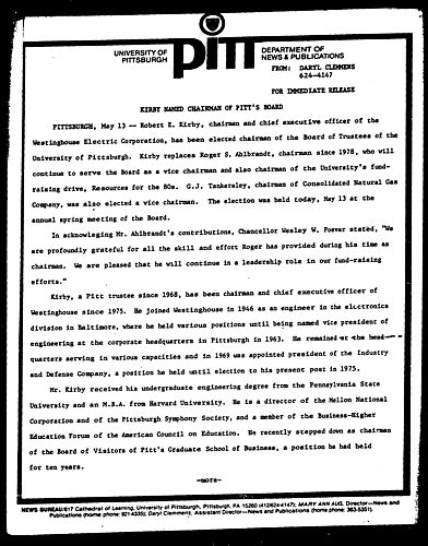 Kirby Named Chairman Of Pitt's Board