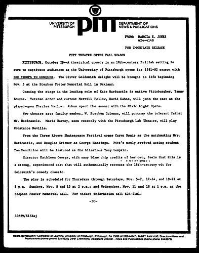 Pitt Theatre Opens Fall Season