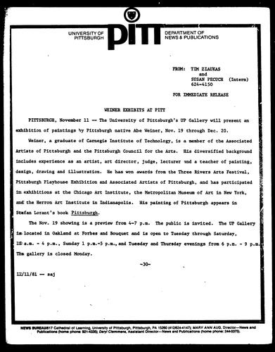 Weiner Exhibits At Pitt